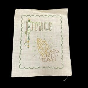 Vintage Hand Embroidered Peace Praying Hands Linen Textile Art 11x14 Off White